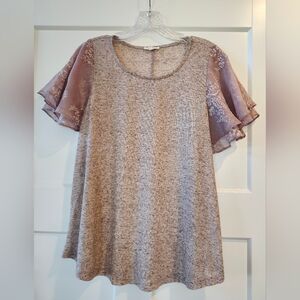 Mystree Taupe Knit Tunic with Mauve Floral Flutter Sleeves